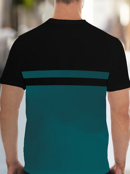 Men'S Novelty T-Shirt - Black  Teal Color Block Design, Casual Crew Neck, Short Sleeve, Regular Fit, Polyester Fabric, Perfect for Casual Attire, Novelty T Shirt