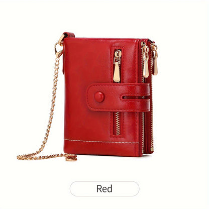 MIYIN Women'S & Men'S Red Bifold Wallet with Anti-Theft Chain Lock, Golden-Tone Hardware & Removable ID Window - Multi-Compartment Organizer with Card Slots