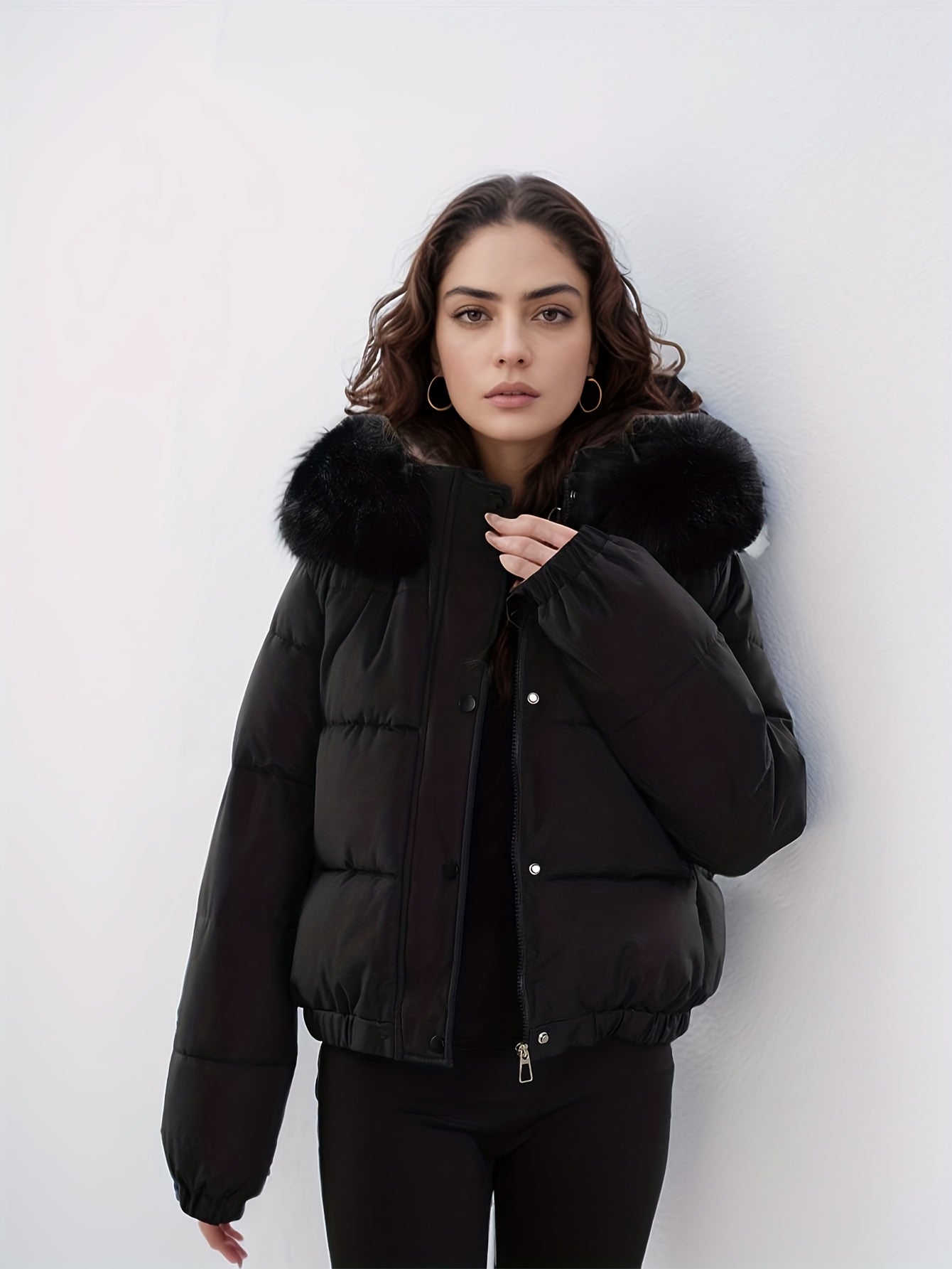 Women'S Winter Coat with Removable Faux Fur Hood - Thickened Loose Fit Long Sleeve Jacket, Zippered Pockets & Button Front, Casual Solid Color Outerwear for Cold Weather, Cozy Warmth, Buttoned Closure, Durable Fabric