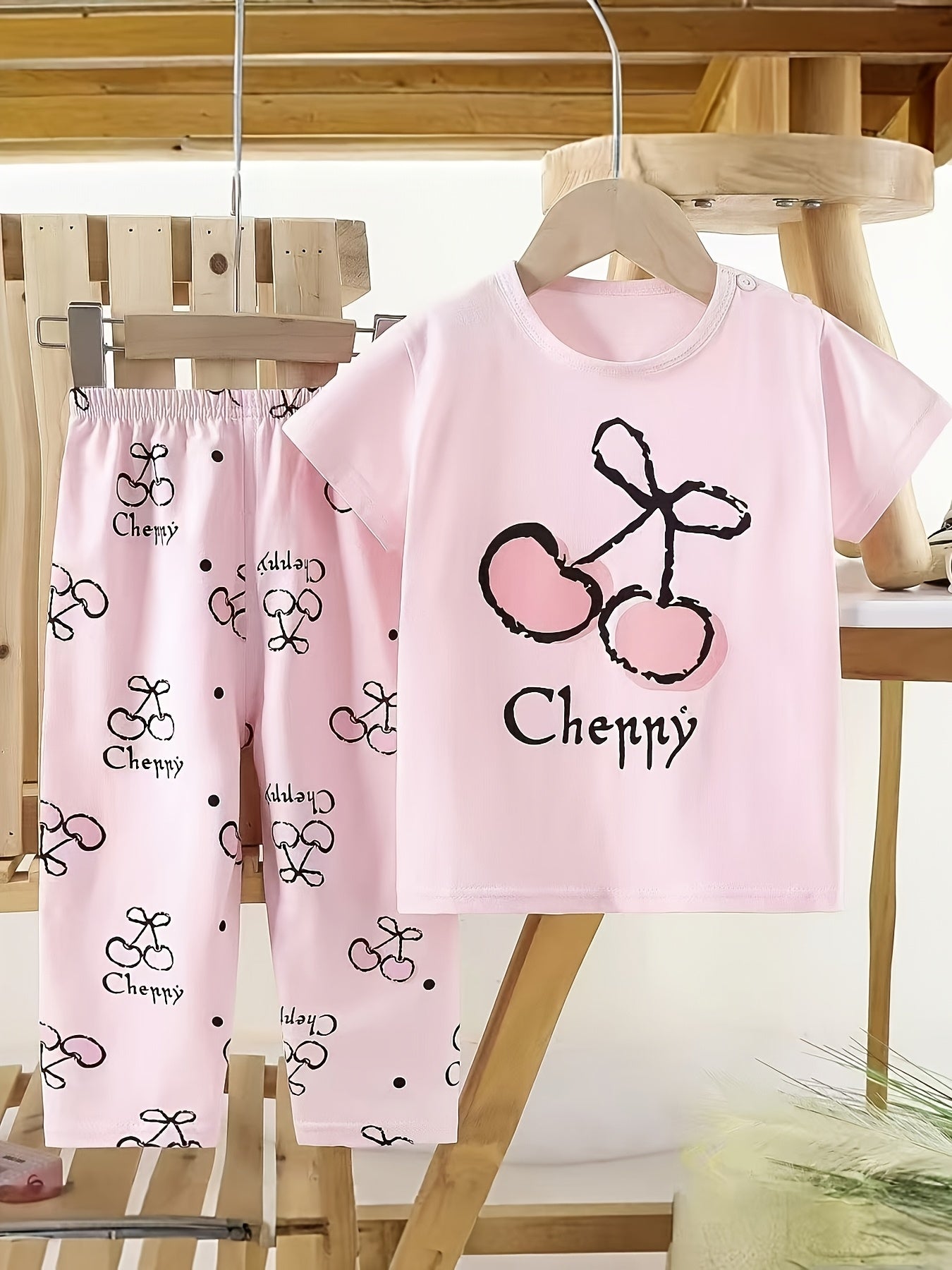 Girls' Cotton Thermal Underwear Set with Pink Cherry Print