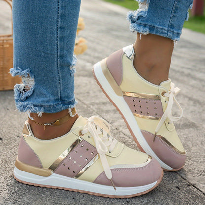 Women'S Chunky Platform Sneakers - Pastel Yellow  Pink Synthetic Cover Low-Top Lace-Up Shoes with Golden Accents, Breathable Fabric Lining, Durable PU Sole for All-Season Casual Wear, Ladies Sneakers, Comfortable Footwear