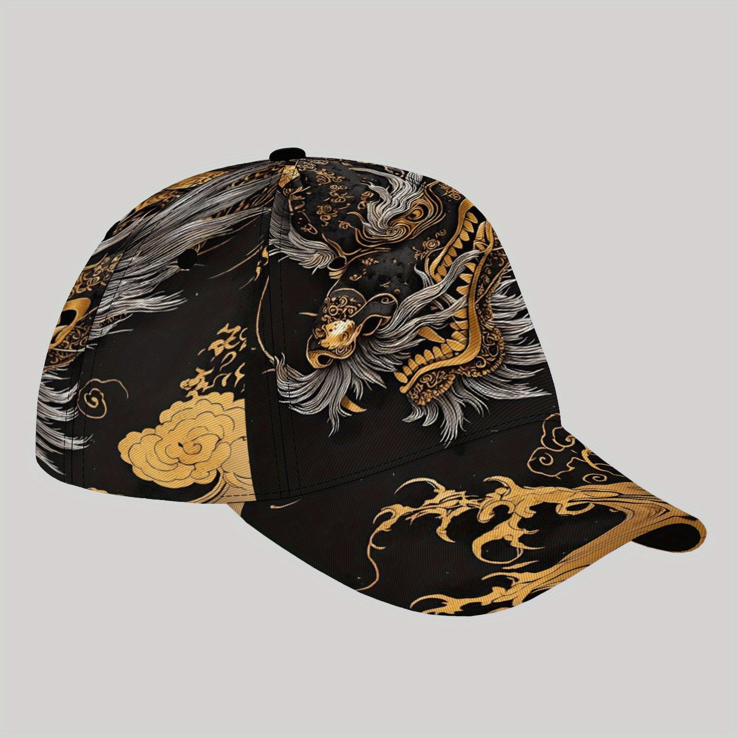 Stylish Dragon & Floral Print Baseball Cap - Breathable Lightweight Unisex Hat for Outdoor Sports, Casual Wear & Lunar New Year Festivities, Black with Golden/White Accents, Festive Headwear, Vibrant Patterned Cap, Comfortabl