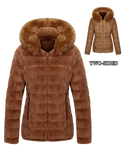 Women'S Heavyweight Winter Coat - Dual-Sided Reversible Jacket with Full-Zip Front, Hooded Collar, Two-Way Zipper Closure - Warm Outerwear for Cold Weather, Office, Travel - Elegant Brown Coat (Size & Wash Label in Pocket), L