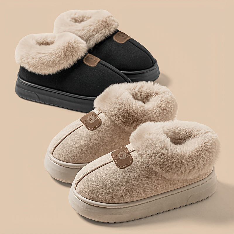 Unisex Winter Plush-Lined Slip-On Slippers with Thick Sole