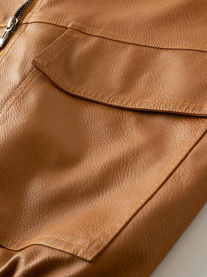 Men'S Faux Leather Bomber Jacket with Fleece Lining - Casual Motorcycle Style, Zip-Up, Long Sleeve, Drop Shoulder, Polyester Lining, Regular Fit, Outdoor & Hiking Wear, Outdoor Jacket | Bomber Jacket | Polyester Lined Jacket