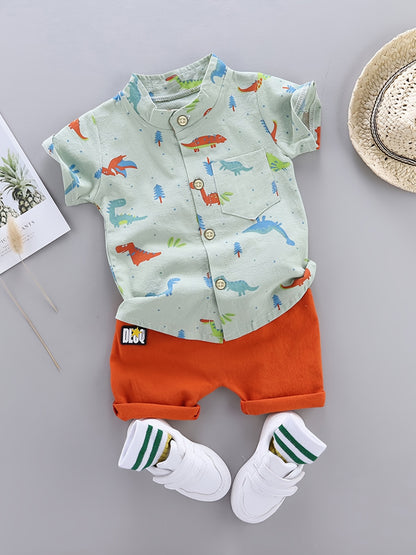 Kids' Cotton Dinosaur Print Shirt & Shorts Set for Summer - ayq
