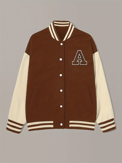 Women'S Casual Long Sleeve Baseball Jacket with "A" Letter Detail - Black & Beige Two-Tone Design, Button-Up Front, Flap Pockets, Fall/Winter Fashion Outerwear, Autumn Winter Apparel | Buttonup Jacket | Functional Pockets