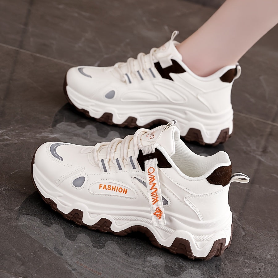 Women'S Fashion Sneakers - White Low-Top Lace-Up with Thick Sole, Stylish Tassel Detail, Lightweight All-Season Hiking and Walking Shoes, Casual Outdoor Footwear Trendy Casual Shoes Lightweight Footwear