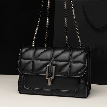 A Women'S Black Plaid Crossbody Bag with a Stylish Chain Shoulder Strap, Featuring a Flap Closure And PVC Lining, Designed for Ladies - Urban Style, Not Washable