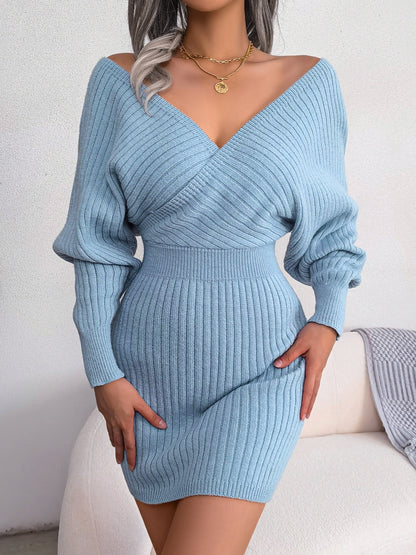 Sexy Cross V Neck Bodycon Sweater Dress, Batwing Sleeve Solid Criss Cross Neck Cross Sexy Dresses, Women'S Clothing