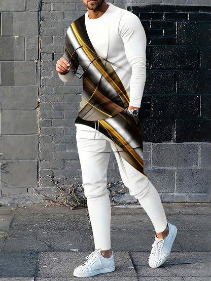 2pcs Men's Gradient Color Random Patter Long Sleeve T-shirt + Pants Set, Casual Co-ord Set For All Seasons