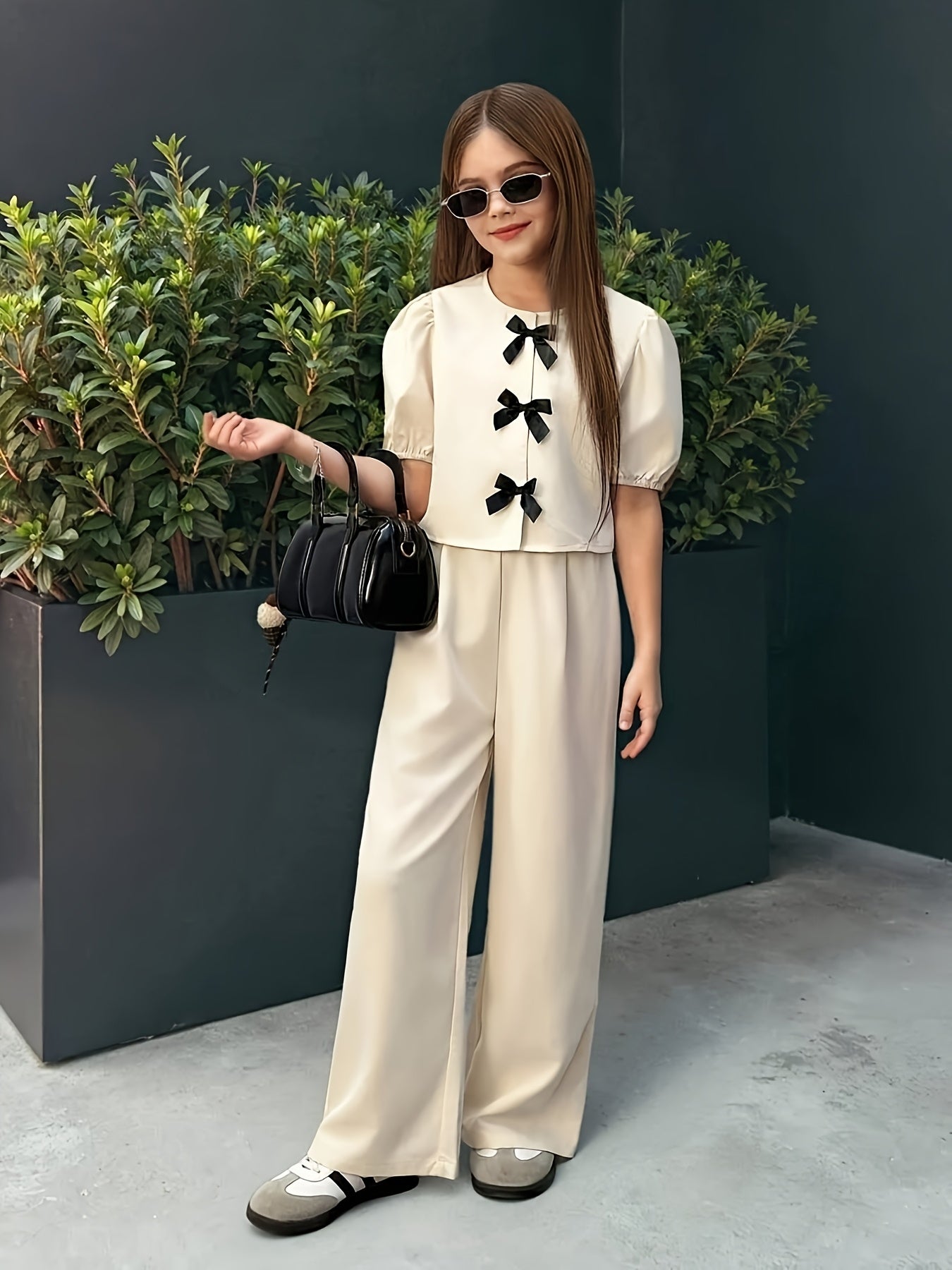 Girls' Polyester Bubble Sleeve Top & Straight-Leg Pants Set