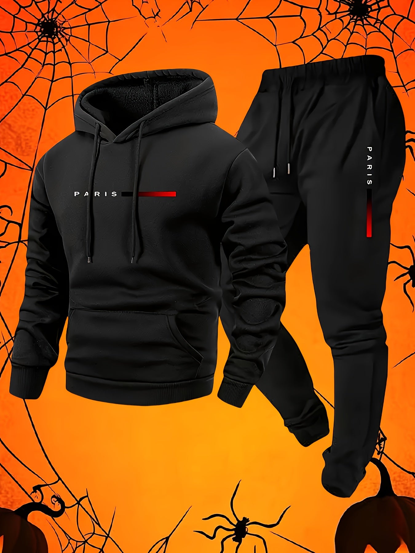Halloween Men'S Hoodie with PARIS Lettering And Drawstring Sweatpants Set, a Must-Have Outfit for Autumn And Winter, Perfect for Everyday Outdoor Wear