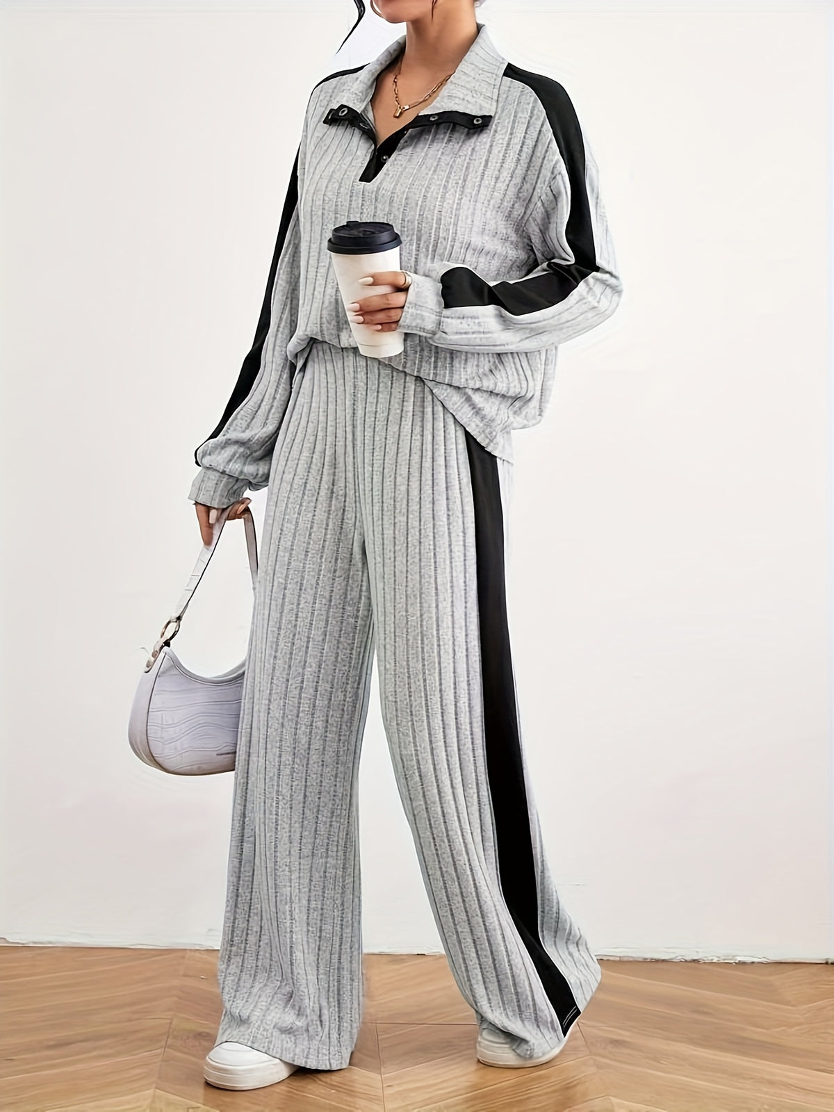 Women's Casual Color-Block Long Sleeve Pajama Set for Fall/Winter - ayq
