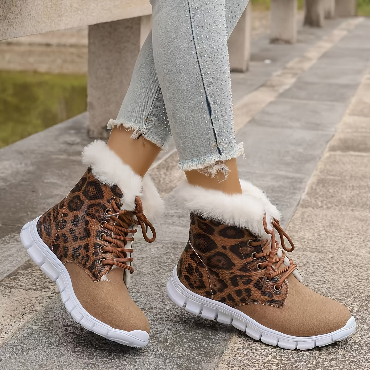 Women'S Winter Snow Boots with Plush Fleece Lining - Thick Insulated Round Toe EVA Sole, Animal Print (Leopard/Zebra/Deer) - Cozy Fleece Lining & faux fur Trim - Slip-On Closure