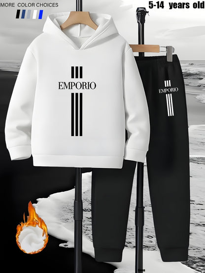 Boys' 2pcs Hoodie and Sweatpants Set with EMPORIO Print, Polyester Material, Comfortable Fit for Autumn/Winter Wear, Perfect for Daily Use and Outdoor Activities | Back-to-School Gift | Ideal for Home Sports | Essential for R