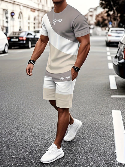 Summer New Round Neck Short Sleeve T-Shirt Set, 3-Color Patchwork Pattern, Front Chest Fashion Letter, Casual Style, Simple Matching Outfit Suitable for Date Night