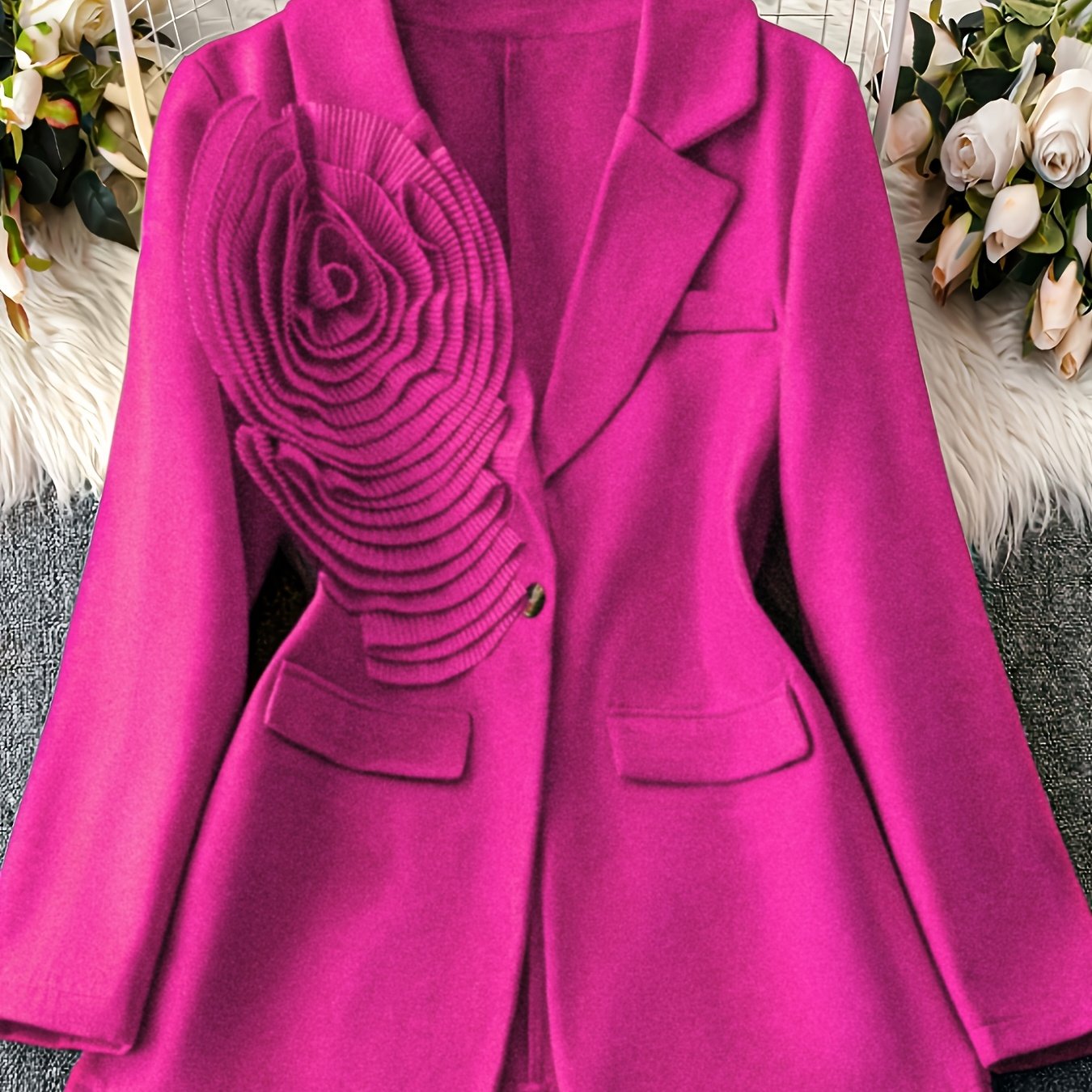 1pc Women'S Elegant Pink Blazer - Thick Winter Coat with Floral Pattern, Structured Lapel Collar & Single-Button Closure, Long Sleeve Tailored Jacket for Fall/Winter