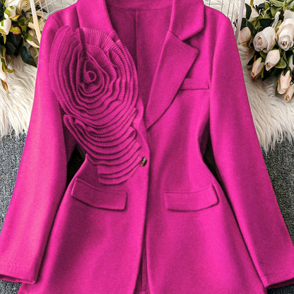 1pc Women'S Elegant Pink Blazer - Thick Winter Coat with Floral Pattern, Structured Lapel Collar & Single-Button Closure, Long Sleeve Tailored Jacket for Fall/Winter