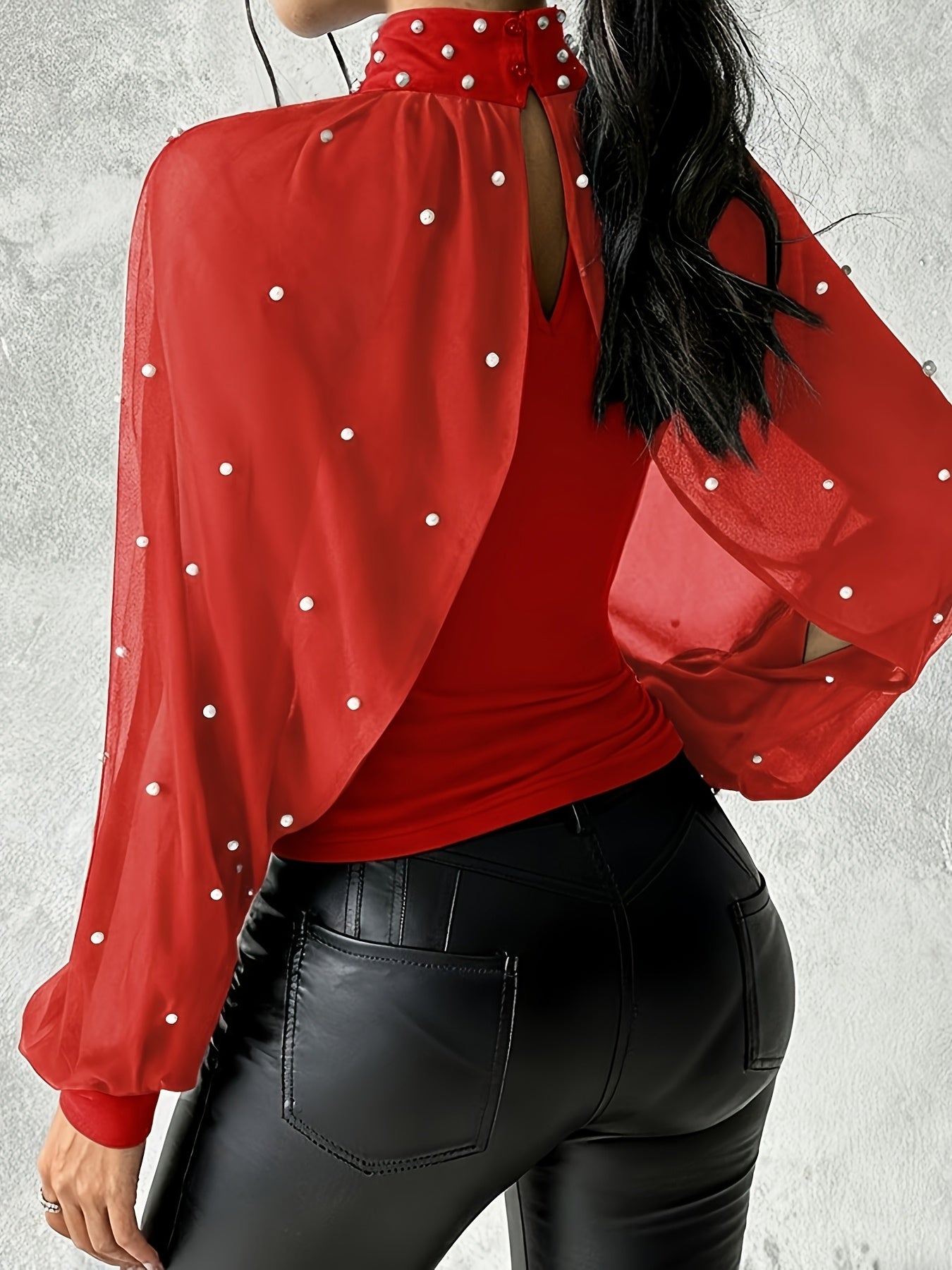 Women'S Elegant Off-Shoulder/One-Shoulder Tunic Top - Red/ - Long Sleeve Blouse with Pearl-like Beads - Formal & Everyday Chic Outfits - Spring/Fall, Fashion Lovers, Stylish Blouse, Quality Stitching, Sophisticated Design, Se