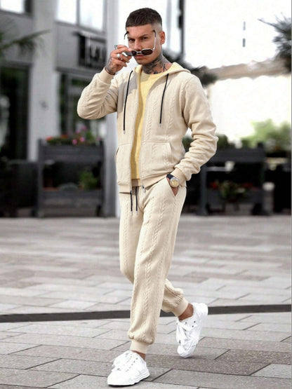 Men's Winter Fashion Two-Piece Set: Jacquard Hooded Cardigan with Lining & Long Pants – Ideal for Autumn and Winter, Winter Clothes For Men