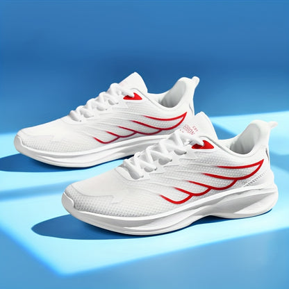 2025 New Arrival Men'S White  Red Sneakers - Breathable Mesh, Soft Bottom, Casual Sports Shoes for Running  Daily Wear, Casual Athletic Shoes   Modern Casual Shoes   Breathable Upper, Running Shoes