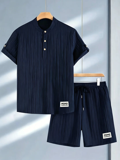 Men's Summer Casual 3-Button Henley Shirt & Drawstring Shorts Set