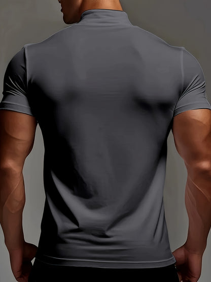Men's Slim Fit Breathable Moisture-Wicking Short Sleeve T-Shirt - Lightweight All-Season Small Stand-Up Collar Tee with Boston Letter Print for Gym, Outdoor  Casual Wear, Active Lifestyle, Modern Design, Durable Construction