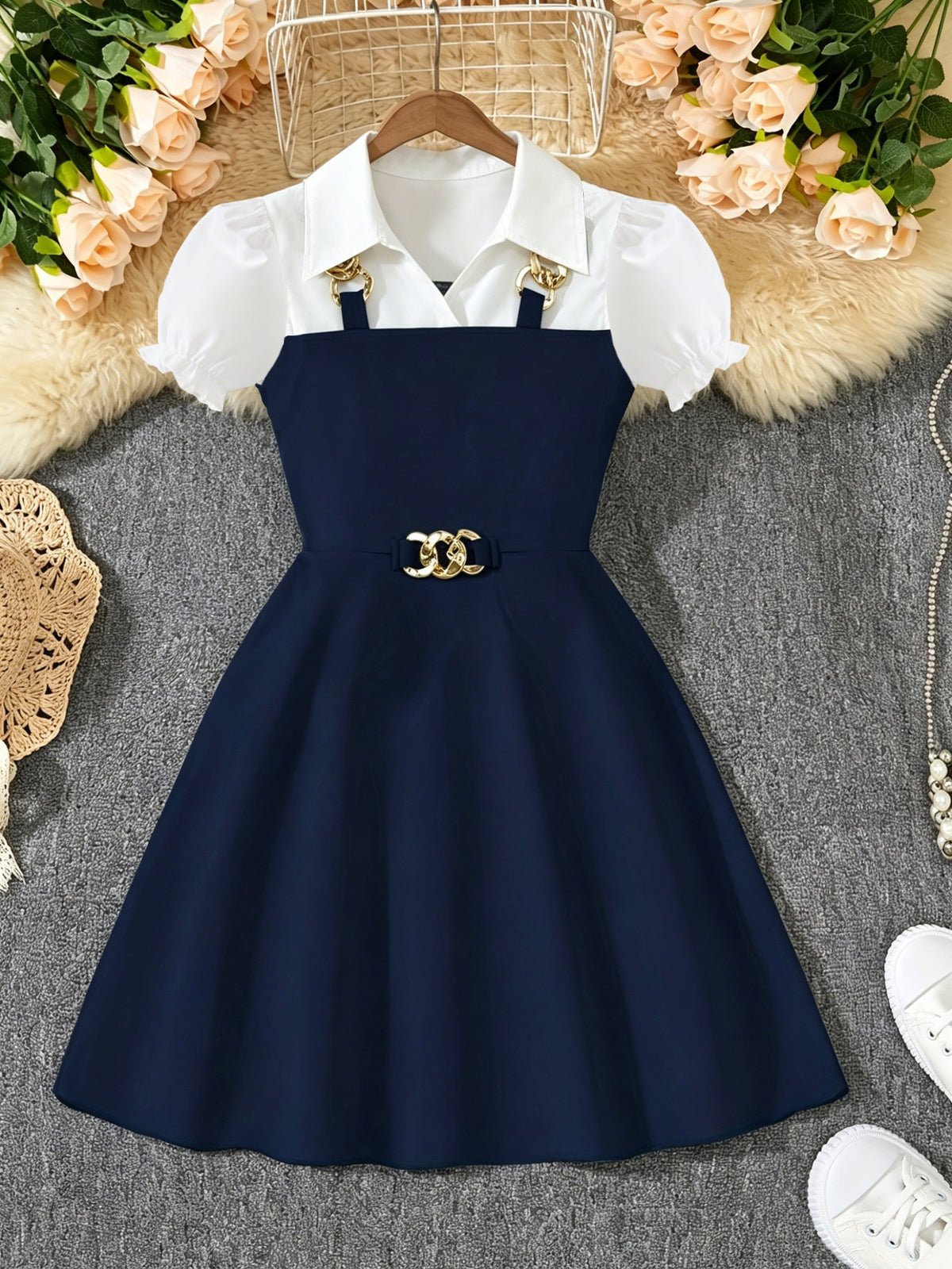 Girls' Casual Short-Sleeve Dress with Golden Chain Accent