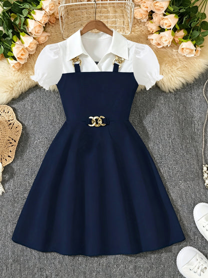 Girls' Casual Short-Sleeve Dress with Golden Chain Accent