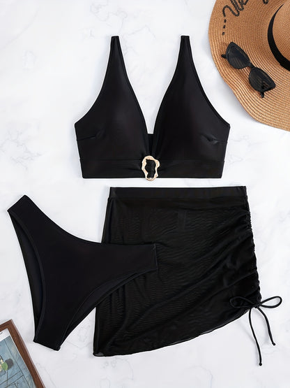 Women's Off-Shoulder Solid Color Bikini Set with Beach Skirt