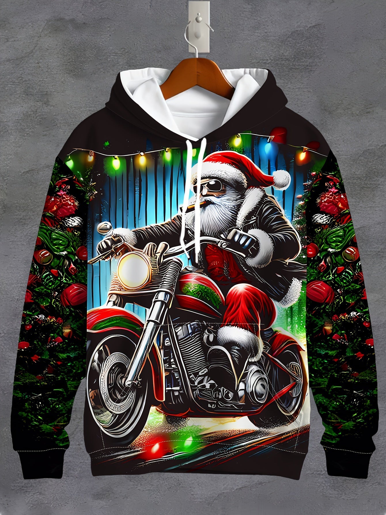 Plus Size Men'S Festive Santa Claus Motorcycle Hoodie - Long Sleeve, Casual Pullover with Drawstring and Kangaroo Pocket, Polyester, Machine Washable - Perfect for Autumn and Winter Street Style | Christmas Claus Motor Print