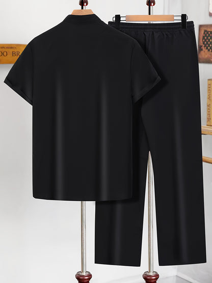 Men'S Casual Summer Short Sleeve Shirt & Pants Set - Black with White Geometric Print, Button-Up Collared Shirt & Loose Fit Pants, Non-Stretch Fabric, Perfect for Spring/Fall, Spring Summer Outfit | Geometric Print Shirt | Bu