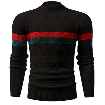 Temujin OBM Men's Fashion Mid-Neck Button Contrast Stripe Three-Dimensional Plaid Knit Top