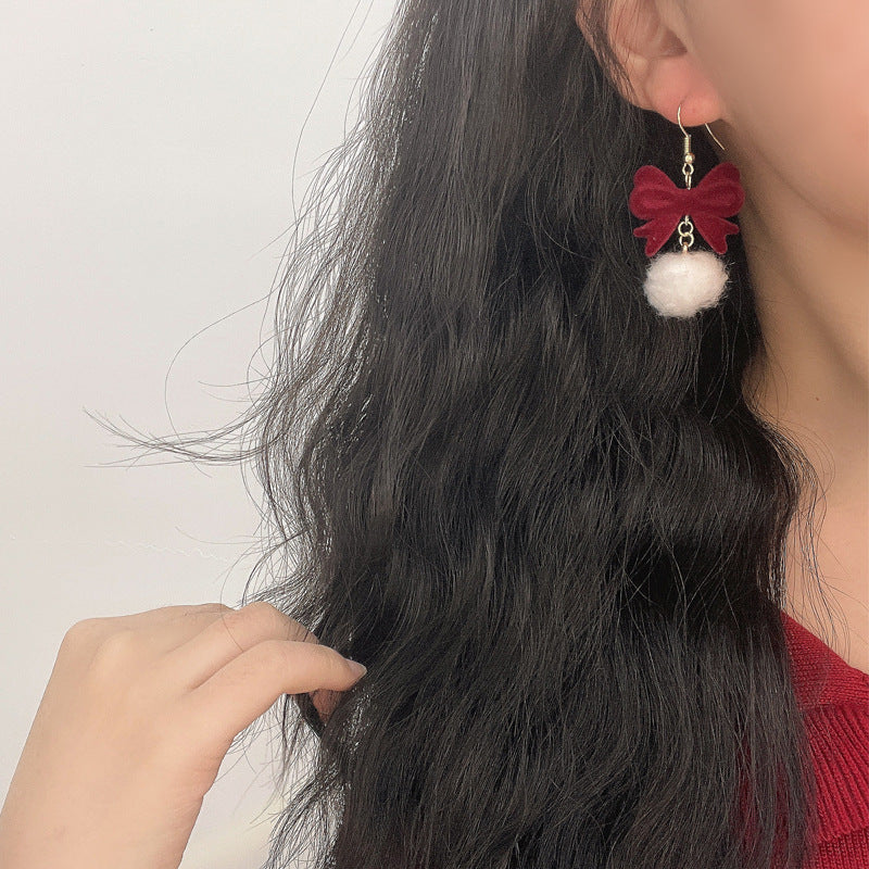 Copper Earrings Elegant Cute Red Flocking Bow White Furry Ball Design Dangle, for Winter, Christmas, Party, Gift-giving Occasion, Women