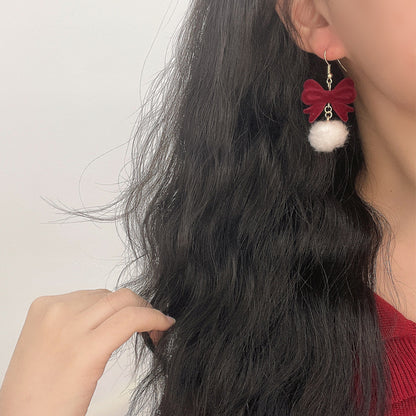Copper Earrings Elegant Cute Red Flocking Bow White Furry Ball Design Dangle, for Winter, Christmas, Party, Gift-giving Occasion, Women