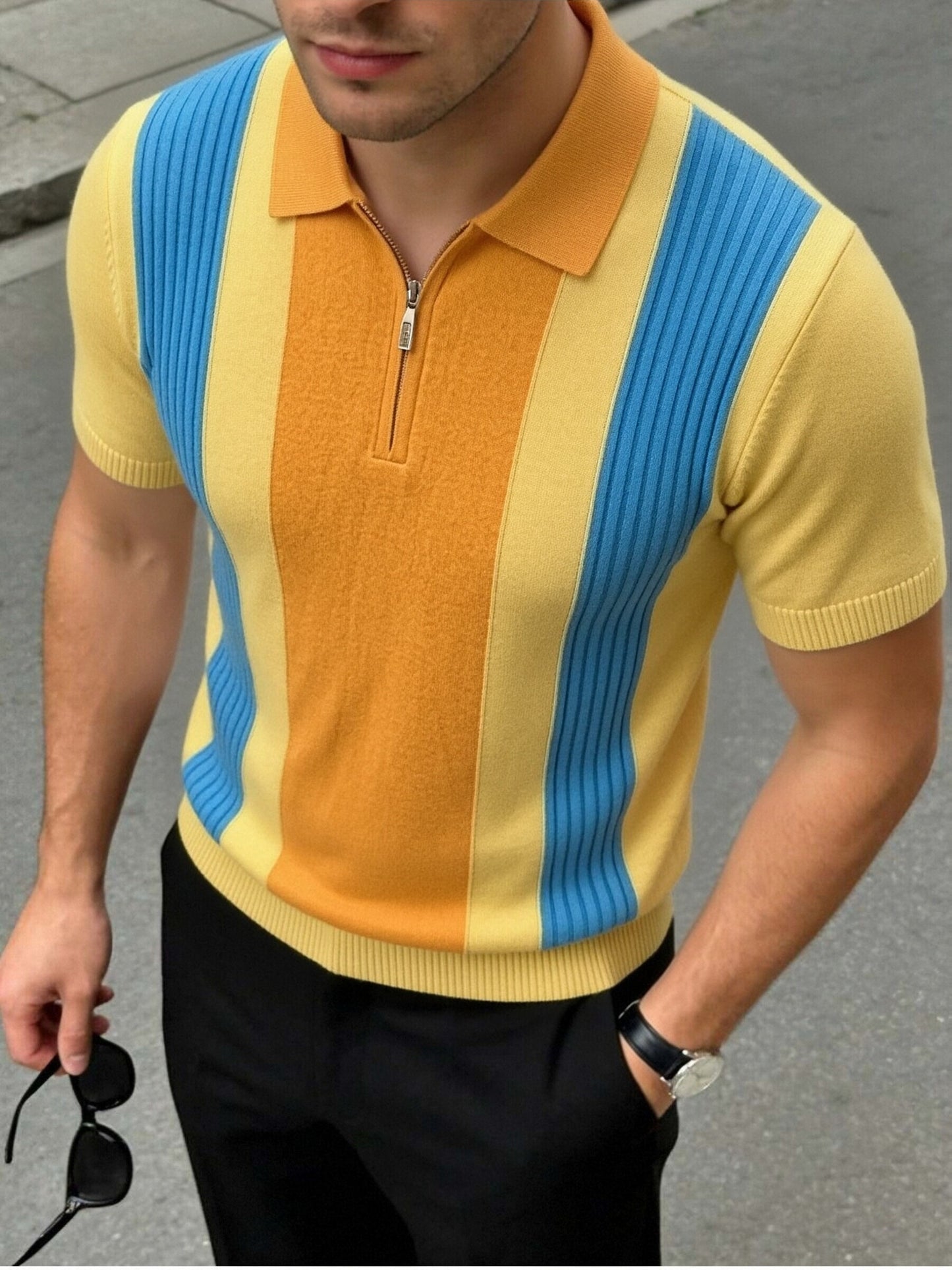 Men's Striped Knit Polo Shirt with Half-Zip for Summer Workwear