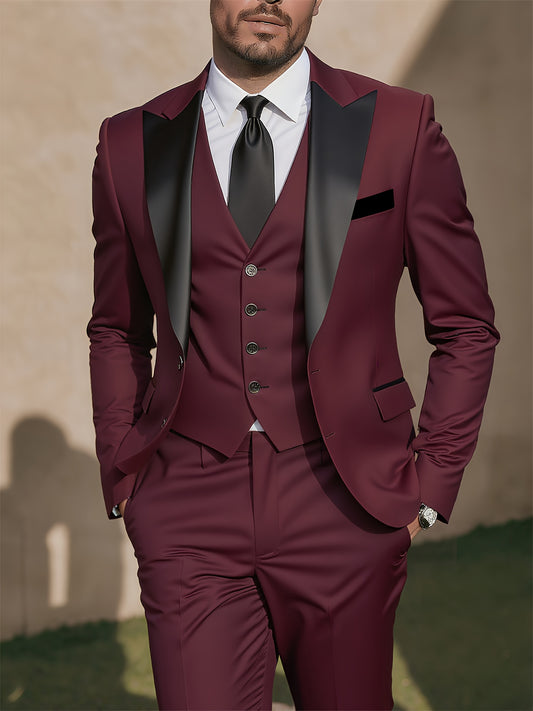Men's 3-Piece Polyester Suit with Vest and Trousers - ayq