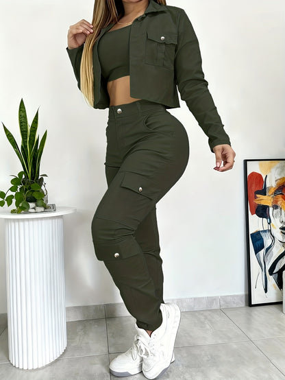 Versatile Multi-pocket Casual Workwear-style Fitted V-neck Cropped Shirt and American-style Wide-leg Pants Set, Women's 2pcs Suit