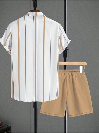 Men's Casual Summer Set - Striped Short-Sleeve Shirt & Shorts