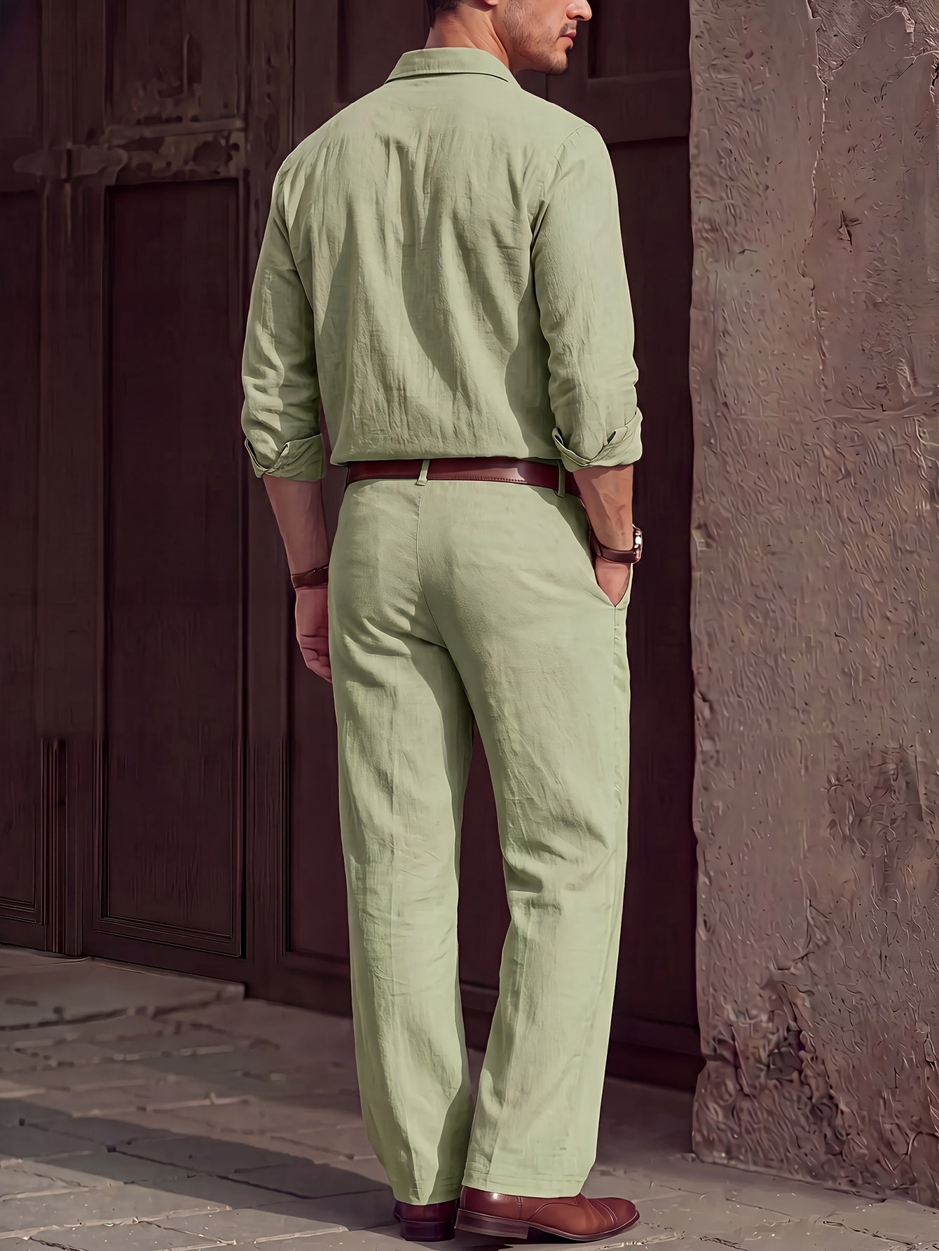 Men's Lightweight Linen Long-Sleeve Shirt & Pants Set for Spring/Fall