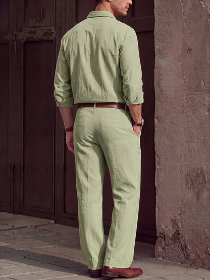 Men's Lightweight Linen Long-Sleeve Shirt & Pants Set for Spring/Fall