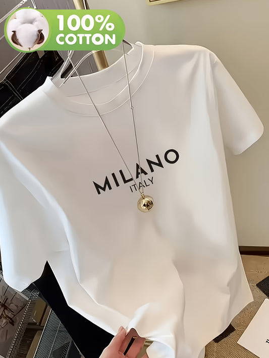 Women's Casual Cotton Short-Sleeve T-Shirt with Milan Print - ayq