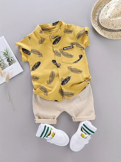 Toddler Summer Cotton Feather Print Shirt & Shorts Set