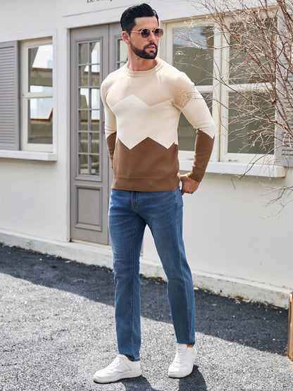 Men'S Round Neck Sweater for Autumn And Winter, Featuring a Casual Long Sleeve Design with a Three-Color Geometric Pattern And Jacquard Knit