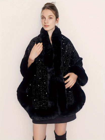 Plus Size, Women's Elegant Shawl Cloak Poncho - Luxury Brown Cape with Sparkling Glamour, Thick Winter Coat for Parties, Formal Events - Non-Stretch Fabric, Easy Care Elegant Wrap for Everyday Special Occasions, Party Wear, C