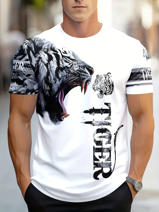 Men'S  Women'S "Tiger" Graphic T-Shirt - Casual, Stylish 3D Print Animal Design, White, Short Sleeve, Polyester Knit, Regular Fit, Streetwear Tee Bold Animal Print Stretchy Fabric