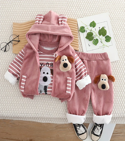 BABICOLOR 's Winter 3pcs Dog Print Hooded Jacket & Pants Set - Warm Loose-Fit Outfit, Winter Clothing for 1st Photoshoots, Casual Cold-Weather Outwear, Perfect for Outdoor