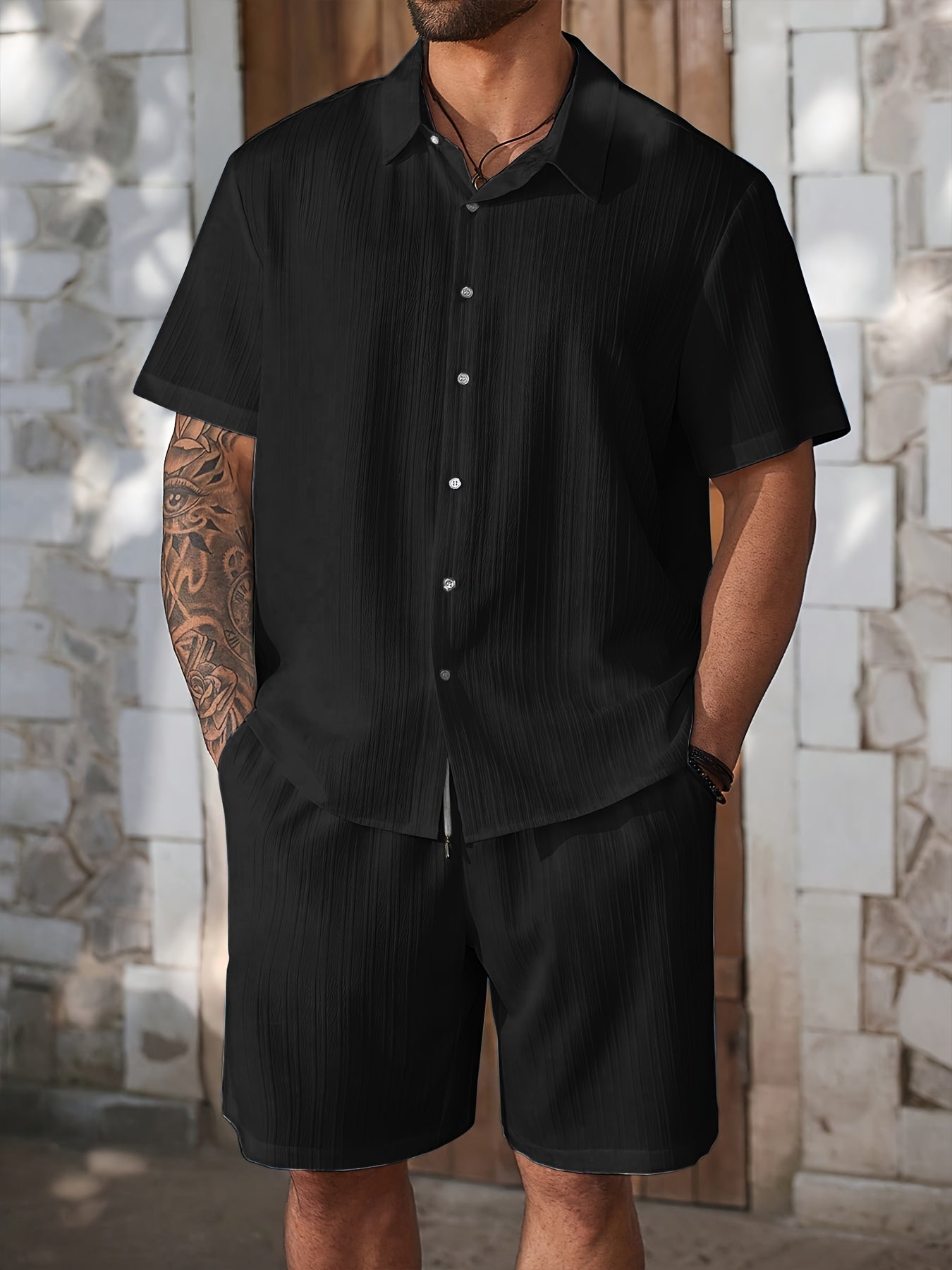Men's Summer Casual Shirt and Shorts Set, Lightweight Polyester