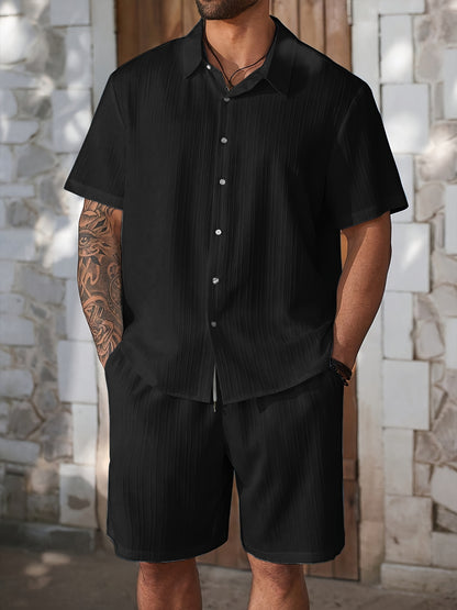 Men's Summer Casual Shirt and Shorts Set, Lightweight Polyester